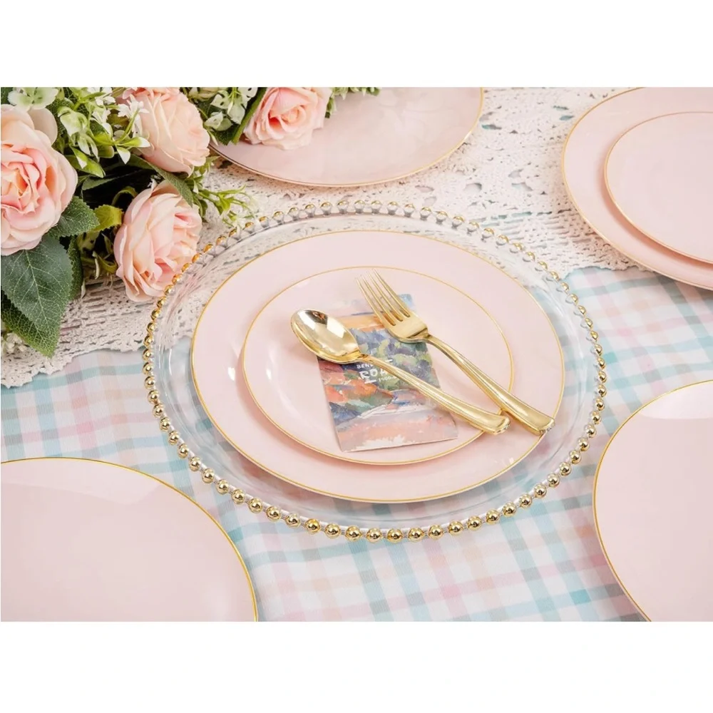 100PCS Pink Disposable Plates w Gold Rim 10.25 inch Ideal for Wedding💒&Party🥳